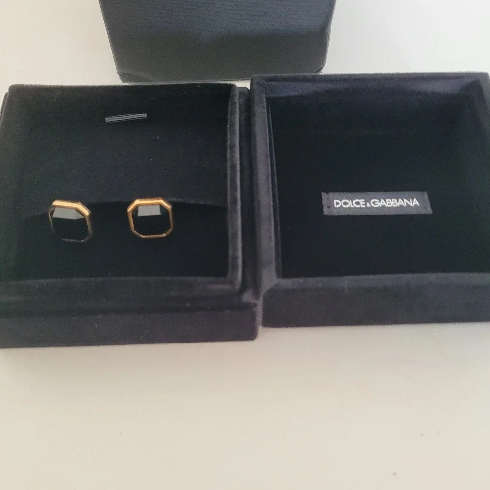 Dolce & Gabbana Mens Cufflinks Gold Tone Black Stone Octagon Made in Italy Box